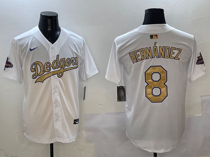 Men Los Angeles Dodgers #8 Hernandez White Champion gold character 2025 Nike MLB Jersey style 6->los angeles dodgers->MLB Jersey